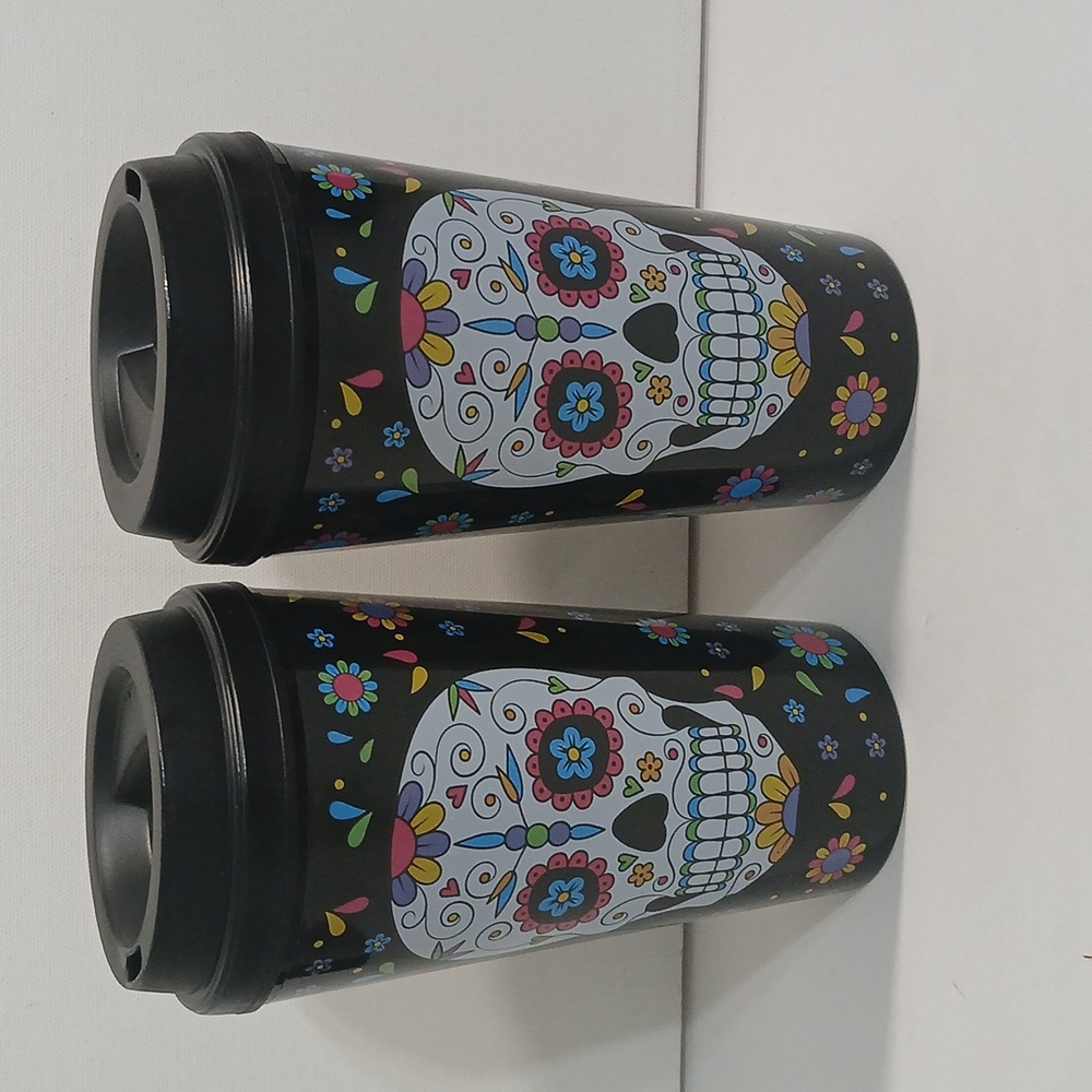 Halloween Black Skull Design PlasticTravel Mugs - Set of 2